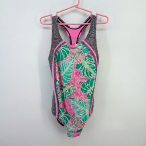 Speedo Girls Gymnastics Leotard Palm Banana Leaves Green Pink Gray 14